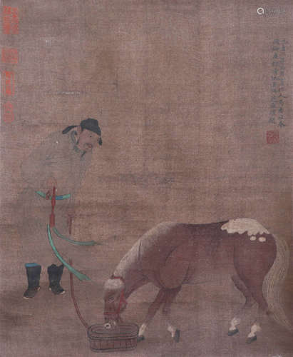 CHINESE SILK HANDSCROLL PAINTING OF MAN & HORSE BY ZHAO MENGFU