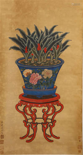 CHINESE SILK HANDSCROLL PAINTING OF FLOWERS IN VASE