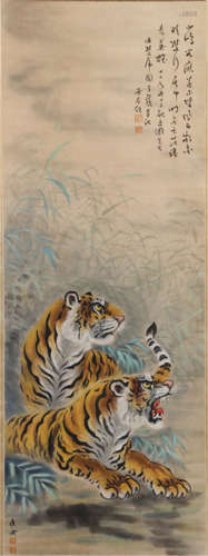 CHINESE HANGING SCROLL OF DOUBLE TIGERS & CALLIGRAPHY