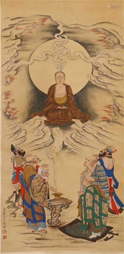 CHINESE SILK HANDSCROLL PAINTING OF BUDDHISM FIGURES