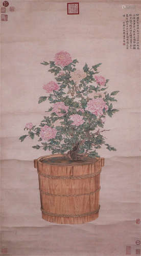 CHINESE SILK HANDSCROLL PAINTING OF FLOWER BLOSSOMMING