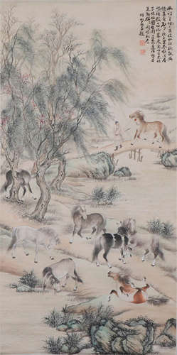 CHINESE HANGING SCROLL OF MAN AND HORSES IN MOUNTAIN