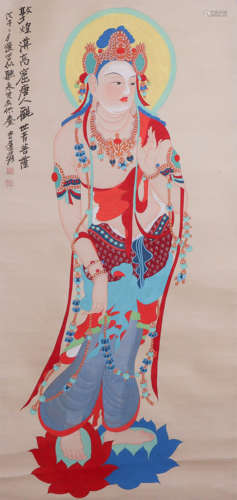 CHINESE HANGING SCROLL OF BUDDHISM FIGURE & CALLIGRAPHY