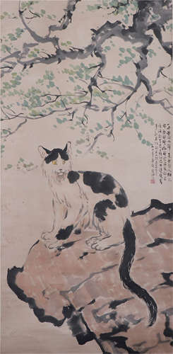 CHINESE HANGING SCROLL OF CAI & CALLIGRAPHY BY XU BEIHONG