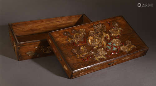 A CHINESE HARDWOOD CARVED LION PATTERN INLAID GEM STONE BOX