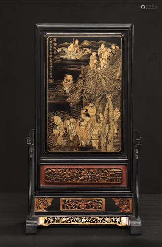 A CHINESE ROSEWOOD LACQUER CARVED IMMORTALS GATHERING TABLE SCREEN