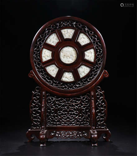 A CHINESE ROSEWOOD INLAID WHITE JADE CARVED TABLE SCREEN