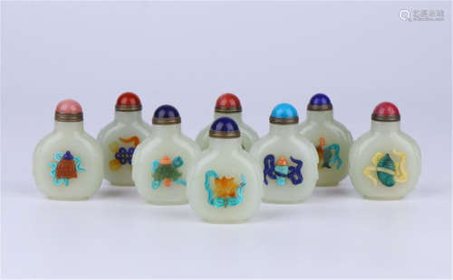 EIGHT CHINESE JADE CARVED INLAID GEM STONE SNUFF BOTTLE