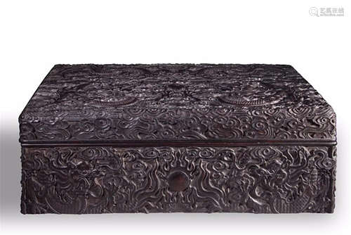 A CHINESE ROSEWOOD CARVED DRAGON & CLOUD PATTERN LIDDED BOX