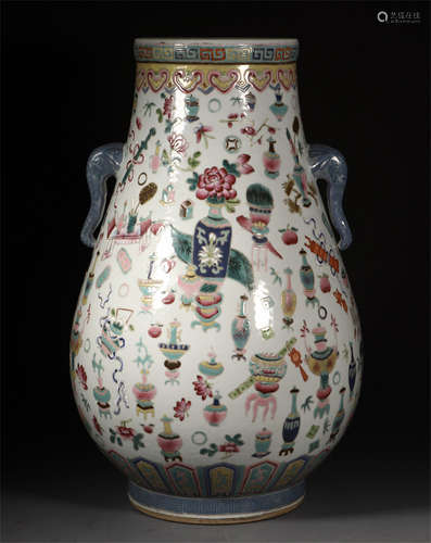 CHINESE PORCELAIN FAMILLE ROSE FLOWER DOUBLE HANDLE VASE