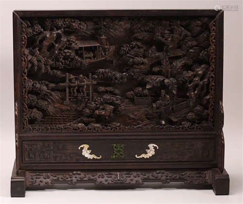 A CHINESE ROSEWOOD RELIEF-DECO MOUNTAIN AND FIGURE TABLE SCREEN