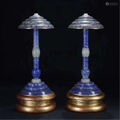 PAIR OF CHINESE LAPIS CARVED CLOISONNE HAT STAND