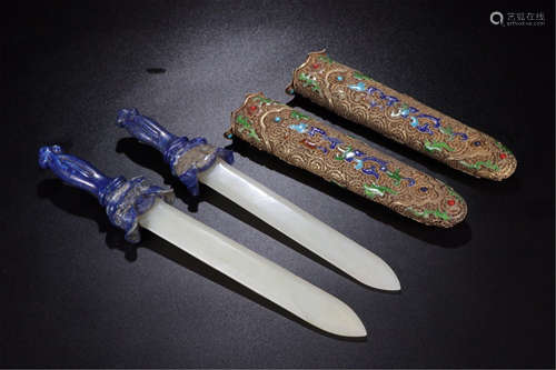 A  WHITE JADE CARVED HANDLED KNIFE WITH CLOISONNE FLOWER SCABBARD