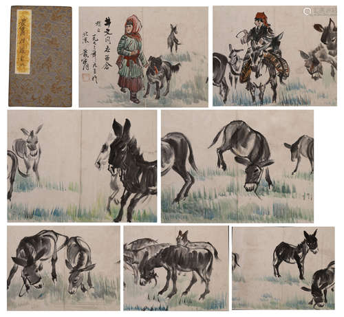 SIXTEEN PAGES CHINESE PAINTING ALBUM OF GIRL AND DONKEY