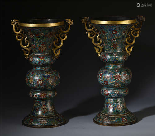 AN UNUSUAL CHINESE CLOISONNE FLOWER GU VASES