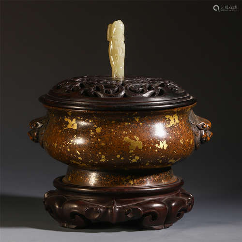 A CHINESE ANCIENT BRONZE INLAID GILT LIDDED CENSER