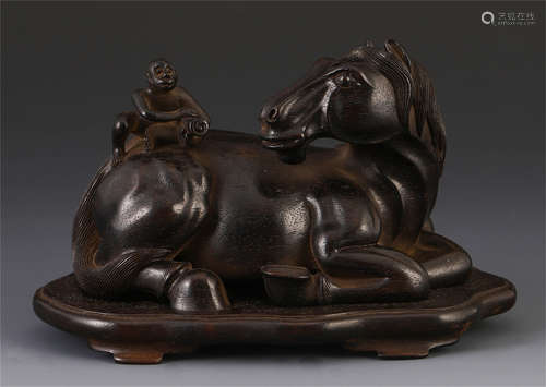 CHINESE ROSEWOOD CARVED HORSE & MONKEY TABLE ITEM