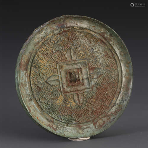 A CHINESE ANCIENT BRONZE CARVED ROUND MIRROR