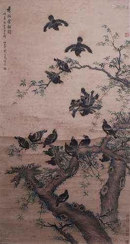 CHINESE HANGING SCROLL OF BIRDS ON THE TREE BY WANG MIAN