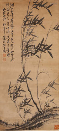 CHINESE HANGING SCROLL OF BAMBOOS AND CALLIGRAPHY