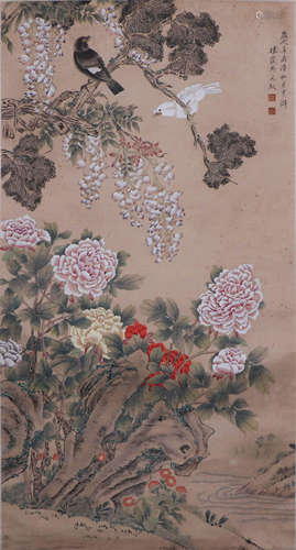 CHINESE HANGING SCROLL OF DOUBLE BIRD ABOVE THE FLOWERS