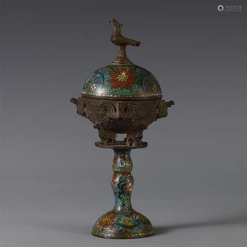 A CHINESE CLOISONNE FLOWER CARVED LIDDED CENSER