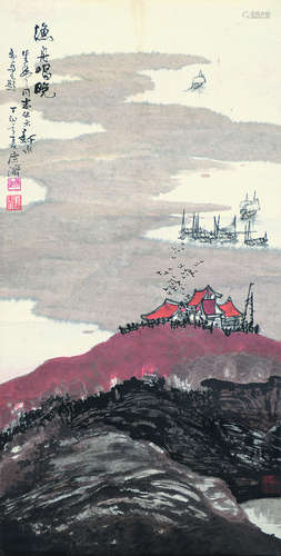 成生虎（b.1960） 丁卯（1987）年作 渔舟唱晚 立轴 设色纸本