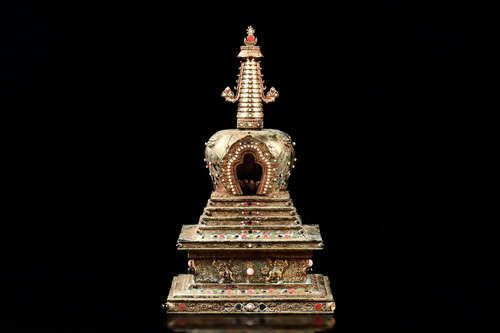 BRONZE CAST AND GEMSTONE DECORATED BUDDHIST PAGODA