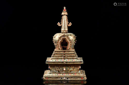 BRONZE CAST AND GEMSTONE DECORATED BUDDHIST PAGODA