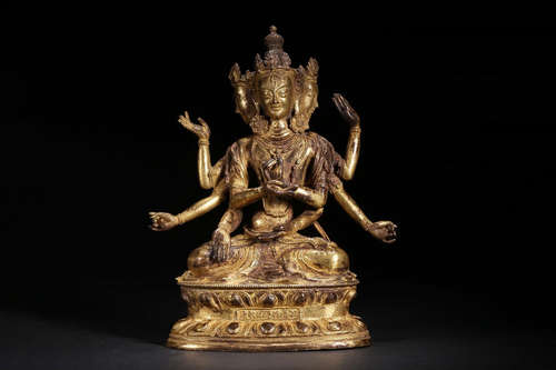 GILT BRONZE CAST 'EIGHT ARMS AVALOKITESHVARA' SEATED FIGURE