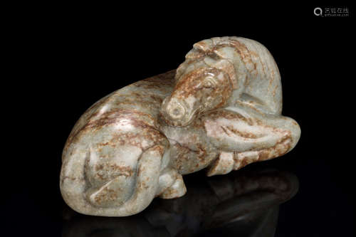 CELADON JADE CARVED RECUMBENT HORSE