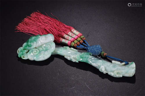 JADEITE CARVED 'LINGZHI RUYI' SCEPTER WITH TASSLE