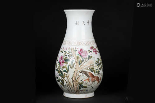 FAMILLE ROSE 'FLOWERS AND CHICKEN' VASE, ZUN