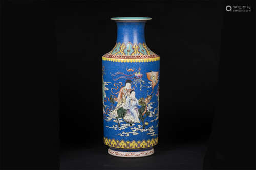 FAMILLE ROSE BLUE GROUND 'IMMORTALS' ROLEAU VASE