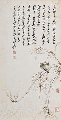 ZHANG DAQIAN: FRAMED INK AND COLOR ON PAPER PAINTING 'BIRDS'