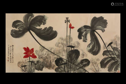 ZHANG DAQIAN: INK AND COLOR ON PAPER PAINTING 'LOTUS FLOWERS'