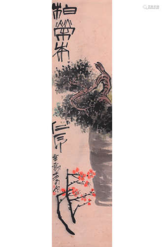 CHEN ZIZHUANG: INK AND COLOR ON PAPER PAINTING 'PLUM FLOWERS AND PINE TREE'