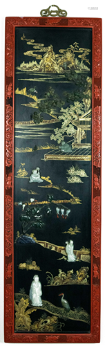 Chinese Lacquer Panel with Ming Dynasty Jade Insets剔紅框鑲明清白玉人物掛屏