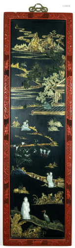 Chinese Lacquer Panel with Ming Dynasty Jade Insets剔紅框鑲明清白玉人物掛屏