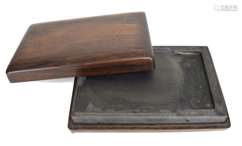 Chinese Inkstone with Old Rosewood Box, 19th Century十九世紀 硯臺