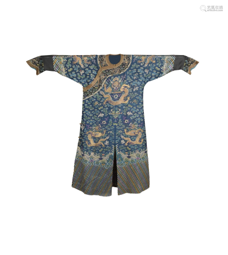 Chinese Blue Ground Dragon Robe, Early 19th Century十九世紀早期 藍底納紗盤金龍袍