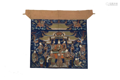 Chinese Blue-Ground Silk Tablecloth, 19th Century十九世紀 藍地刺繡人物桌圍