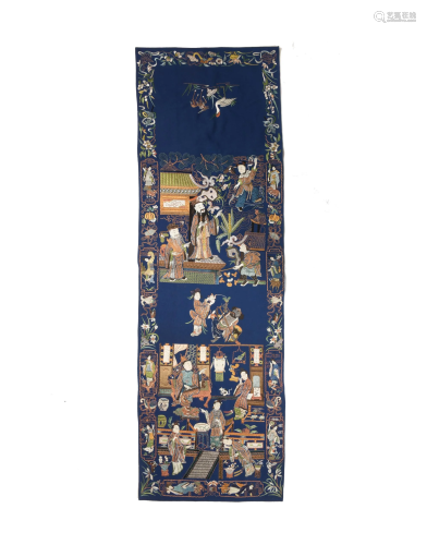 Chinese Blue-Ground Silk Chair Cover, 19th Century十九世紀 藍地刺繡人物椅披