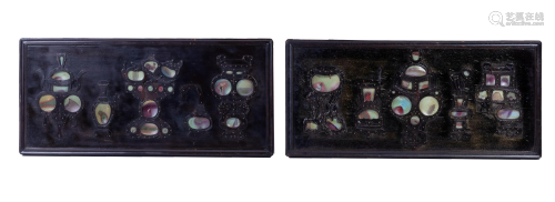 Pair of Chinese Panels with Song Porcelain, 19th Century十九世紀 硬木嵌宋元鈞窯瓷片掛屏一對