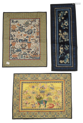 3 Chinese Embroideries, Qing清代 刺繡三張