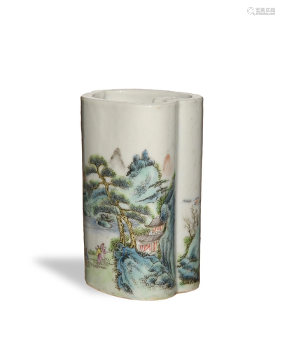 Chinese Famille Rose Brush Pot, Republic民國 粉彩山水書卷形筆筒