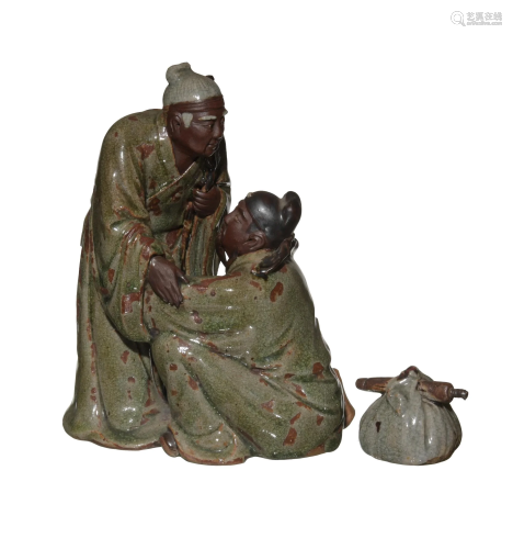 Shiwan Statue of Yue Fei & Mother, Early-20th Century二十世紀早 石灣窯嶽飛母子像
