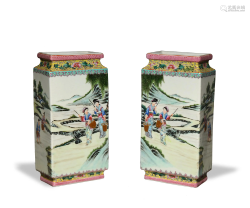 Pair of Chinese Famille Rose Vases, Republic民國 粉彩人物扁瓶一對