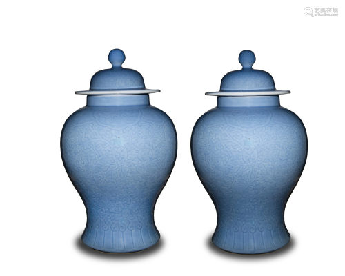 Pair of Chinese Blue General Jars, Republic民國 天青釉將軍罐一對