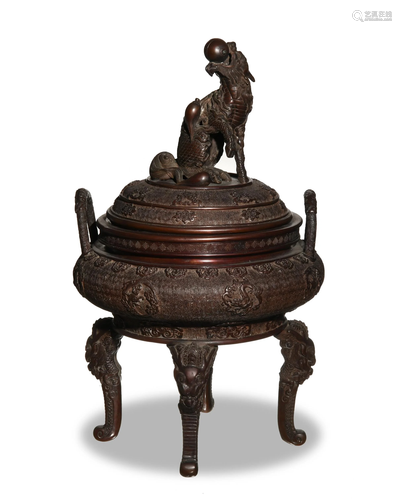 Japanese Bronze Tripod Censer, Meiji明治時期 翠雲鑄銅獸紐三足雙耳爐